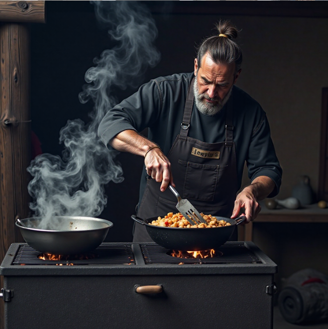 Demon cooking food in a traditional smoker, cooking show setting