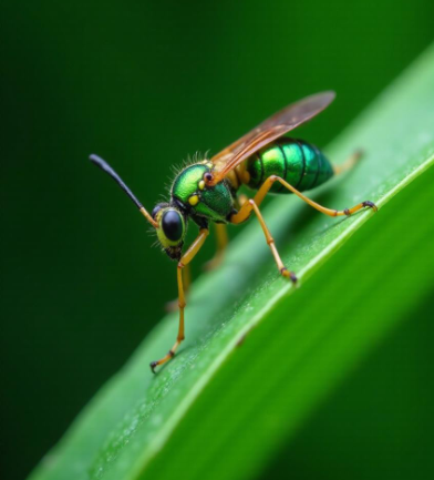 emerald green wasp on leaf with long slender body, insect, nature, with copy space, with vibrant, vivid pictures, colors are sharp, bright, and not dark, 8k resolution.